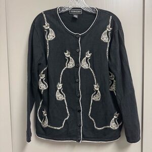 Vintage Terrazzo Women’s Medium Embroidered Cat Cardigan Sweater Black & Gold